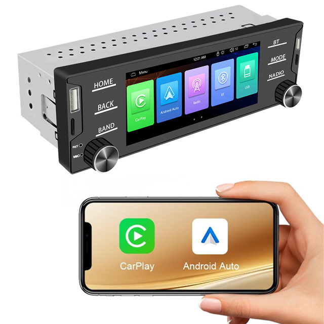 1Din 5.2'' Car Radio MP5 Combo - Wireless CarPlay/Android Auto/Mirrorlink, BT RDS FM USB DVD Player for Universal Cars