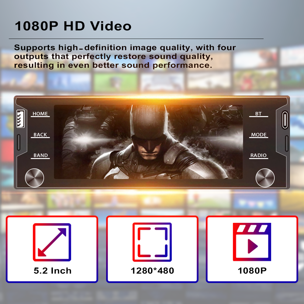 1Din 5.2'' Car Radio MP5 Combo - Wireless CarPlay/Android Auto/Mirrorlink, BT RDS FM USB DVD Player for Universal Cars