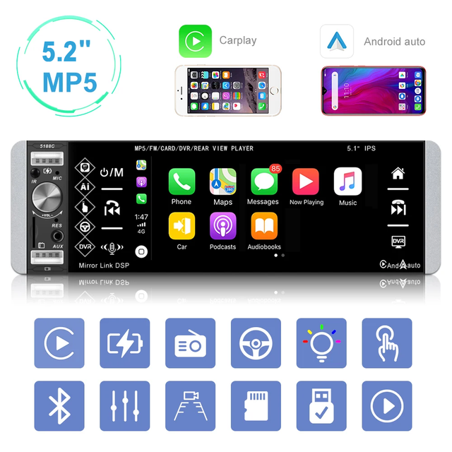 1Din 5.2'' Car Audio MP5 Combo - Wireless CarPlay/Android Auto/Mirrorlink, BT RDS FM Radio + USB DVD Player for Cars